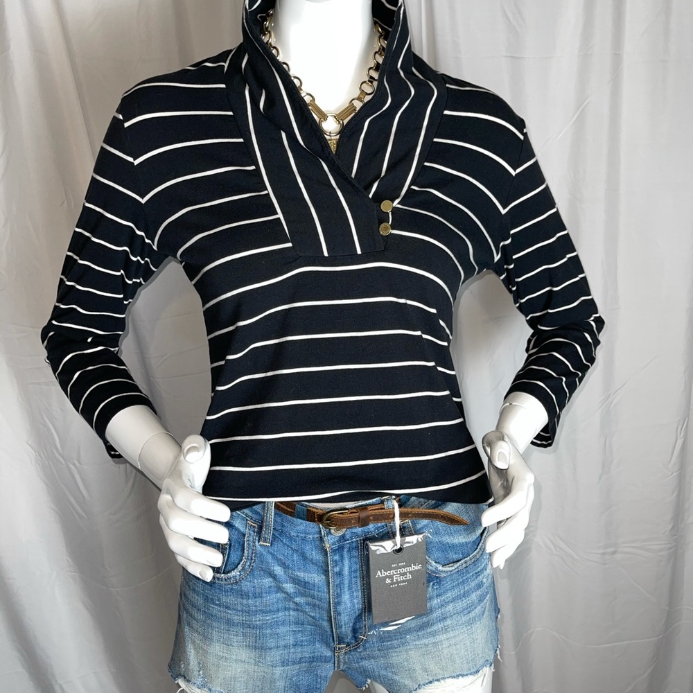 NAUTICA Striped Stand Collar 3/4 Sleeve Top- MED